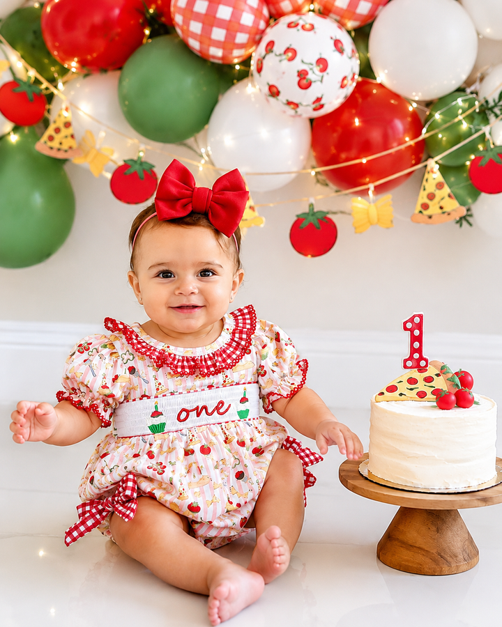 Holy Cannoli First Birthday Smocked Bubble Romper: One Little Meatball 1st Baby Girl Outfit