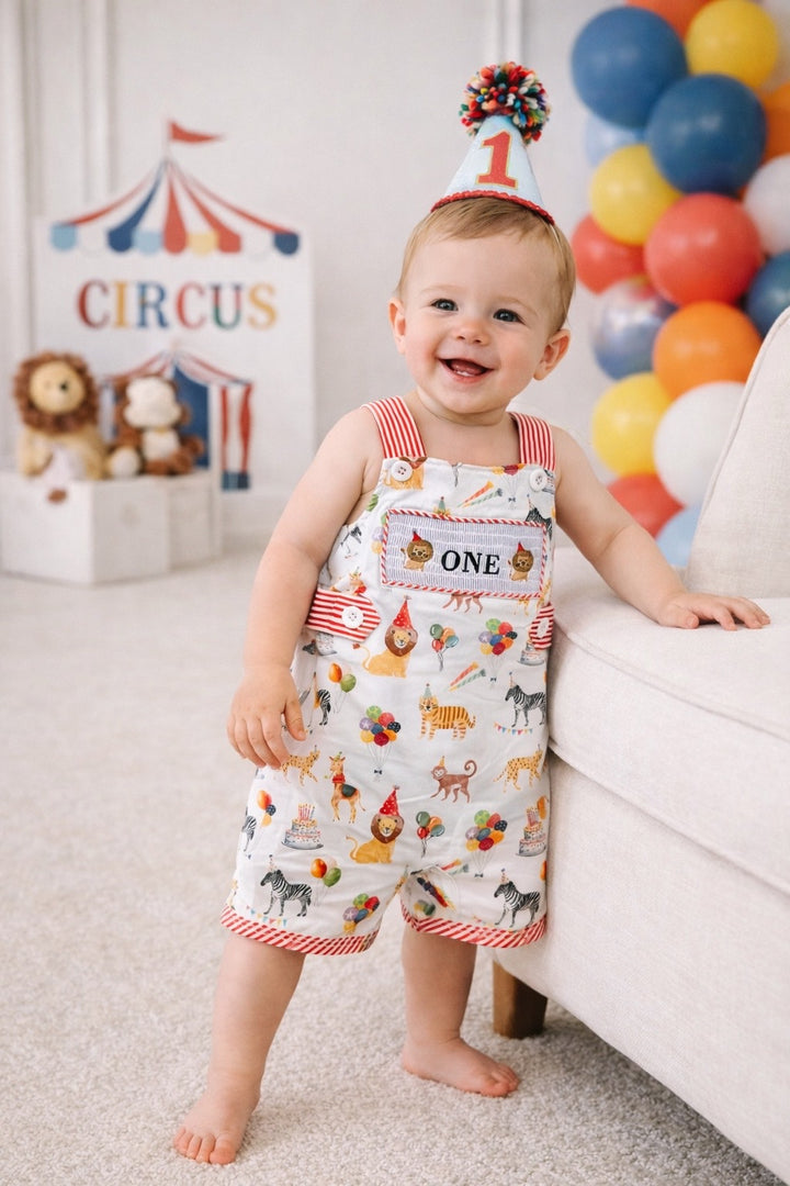 Circus Party Animals Smocked Romper: Boys First Birthday Outfit