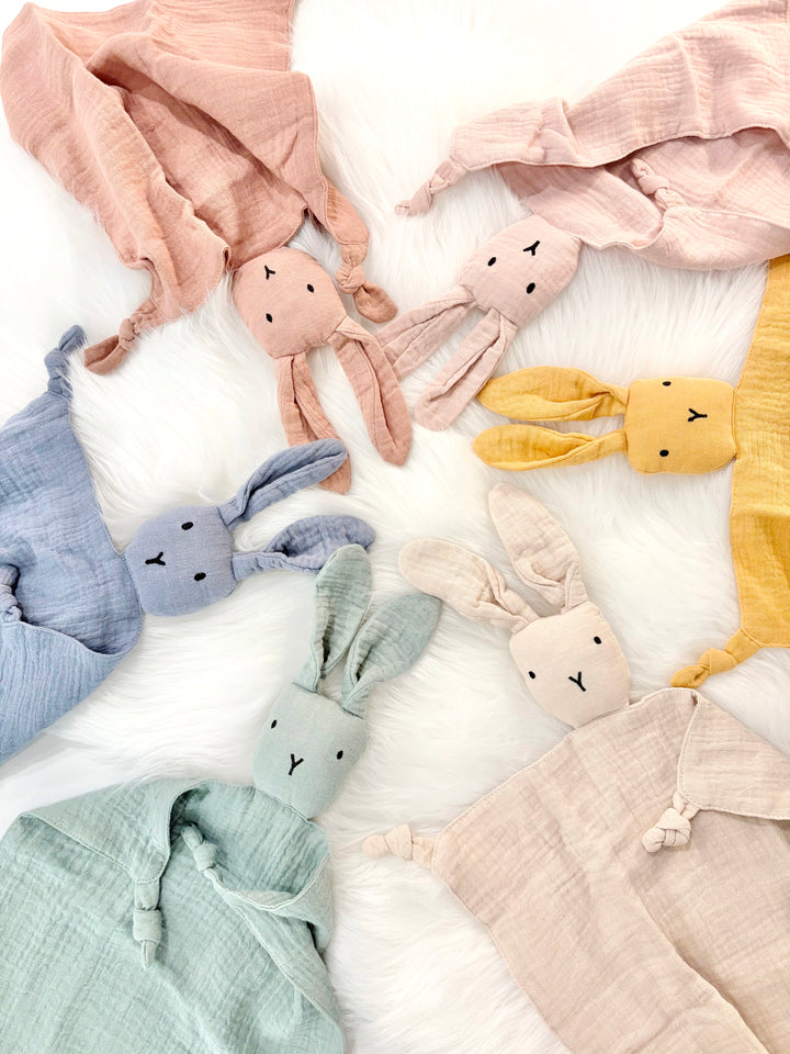 bunny lovey cuddle blanket plush baby gift, muslin cotton lovey animal, pink, blush, mustard yellow, green, blue, cream beige, baby boy baby girl gift, newborn baby comforter small blanket lovey, baby shower gift