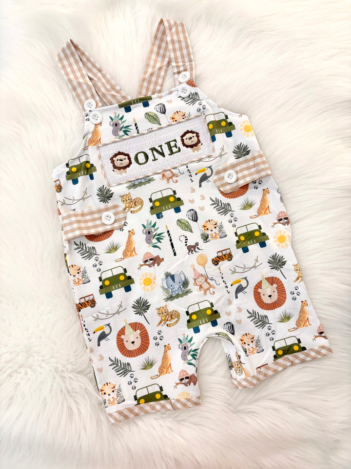 wild one safari cake smash outfit first birthday boy romper camping hunter green white gingham tan beige brown smash cake outfit overalls, ONE smocked romper first birthday wild one safari, animals lion embroidered smocked spring summer 1st birthday boy outfit romper baby boys cake smash outfit, the mod mango baby boutique co
