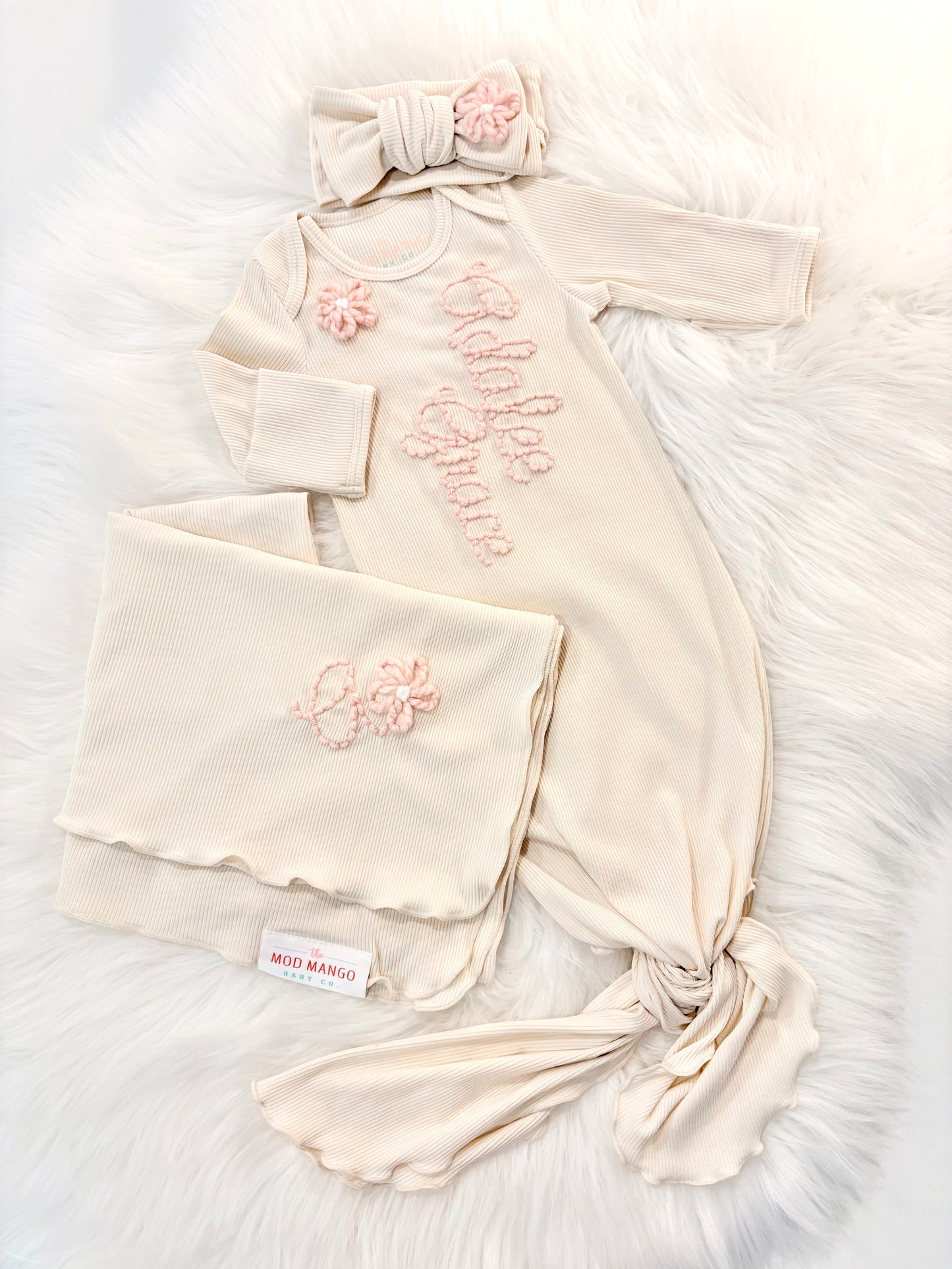 Newborn Girls Bamboo Knotted Gown, Headband and Swaddle Layette Set