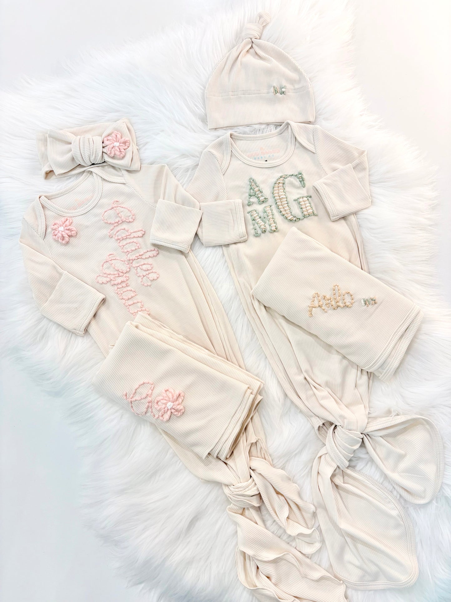 Newborn Girls Bamboo Knotted Gown, Headband and Swaddle Layette Set