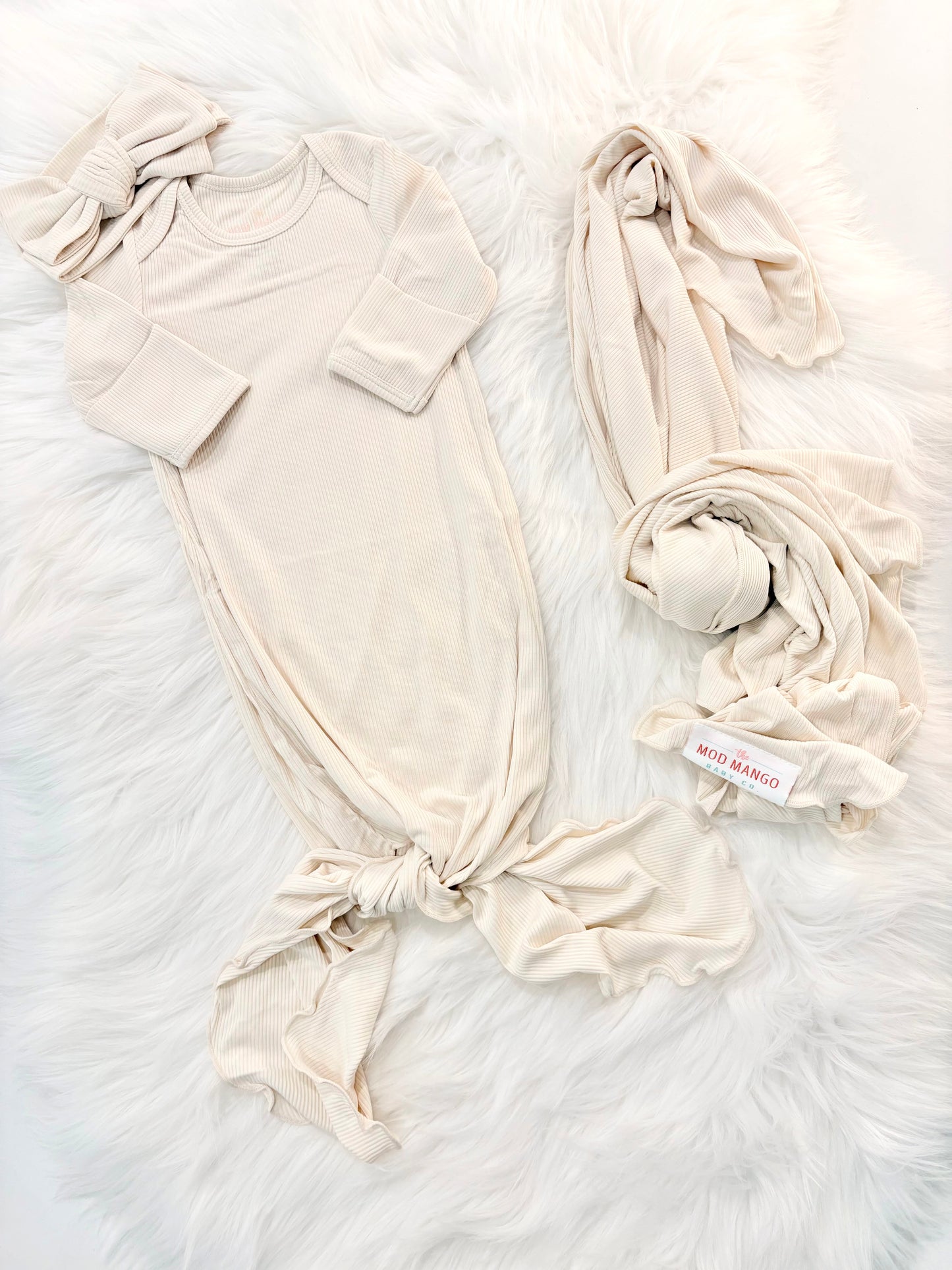 Newborn Girls Bamboo Knotted Gown, Headband and Swaddle Layette Set