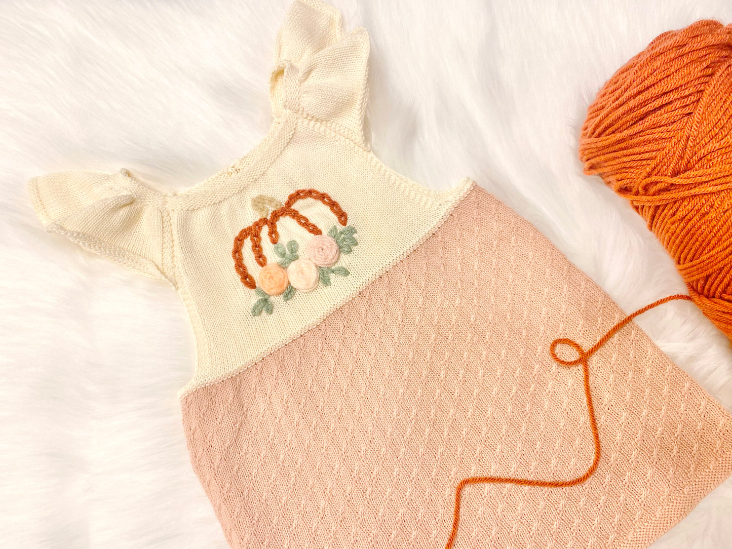 Hand Embroidered Girls Fall Pumpkin Knitted Sweater Dress