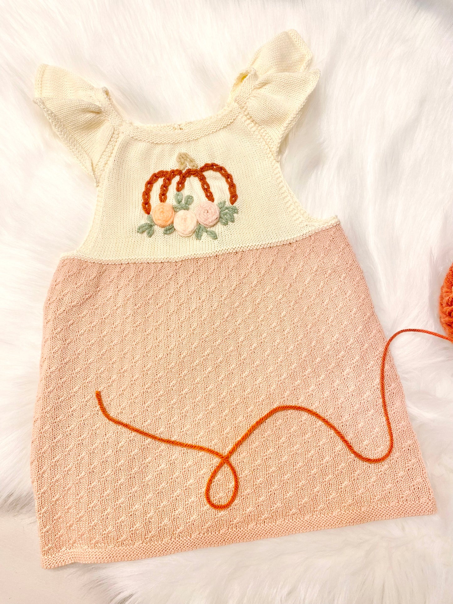 Hand Embroidered Girls Fall Pumpkin Knitted Sweater Dress