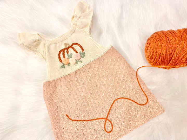 Hand Embroidered Girls Fall Pumpkin Knitted Sweater Dress