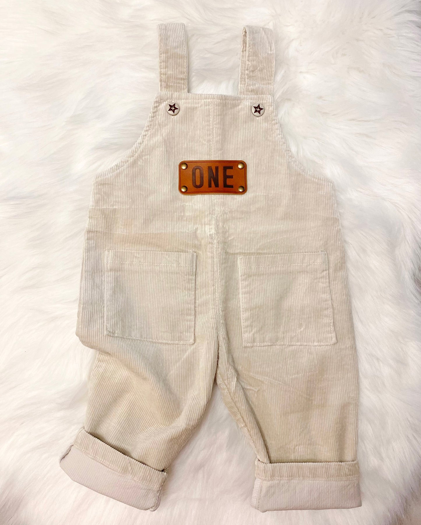 Boys Leather Patch ONE First Birthday Corduroy Overalls Outfit