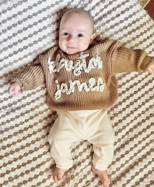 Baby Boy Gift custom baby name sweater hand embroidered gift, Brown beige cream neutral toddler baby sweater with name personalized, Custom Baby Name Sweater, Oversized Fall Sweater for Baby, toddler sweater, baby boys sweater, toddler boys sweater,