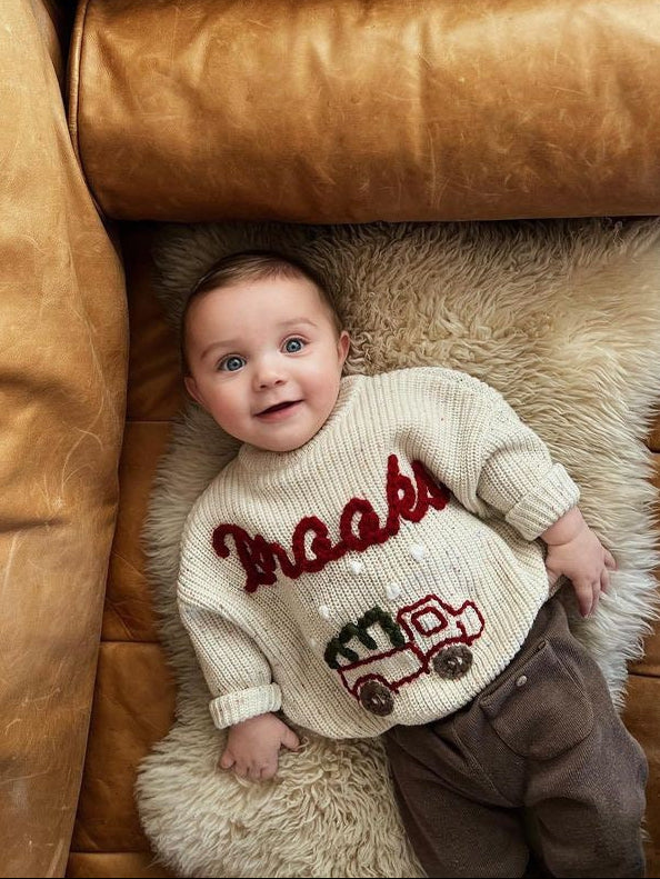 Baby Boy Christmas Sweater, Christmas Tree Truck Sweater, Baby Toddler Boys Christmas Sweater, Holiday Sweater Kids, chunky knit personalized custom name christmas sweater