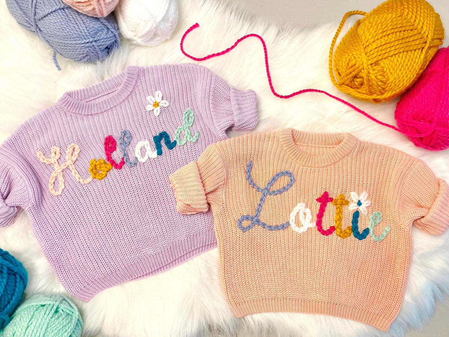 Easter Spring Sweater Baby Girl Gift Hand Embroidered Colorful Custom Baby Name Sweaters, Matching Sister Sweaters, Twin Personalized Sweaters Shirts, Flower Rainbow Color Custom Name Sweaters