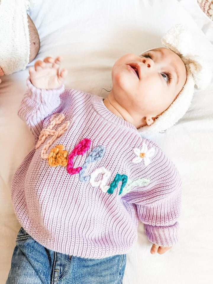 baby easter basket stuffer, Lavender Rainbow Baby Name Sweater Custom Embroidered Flower Name Sweater Baby Girls, purple baby sweater, lavender purple rainbow baby girl gift