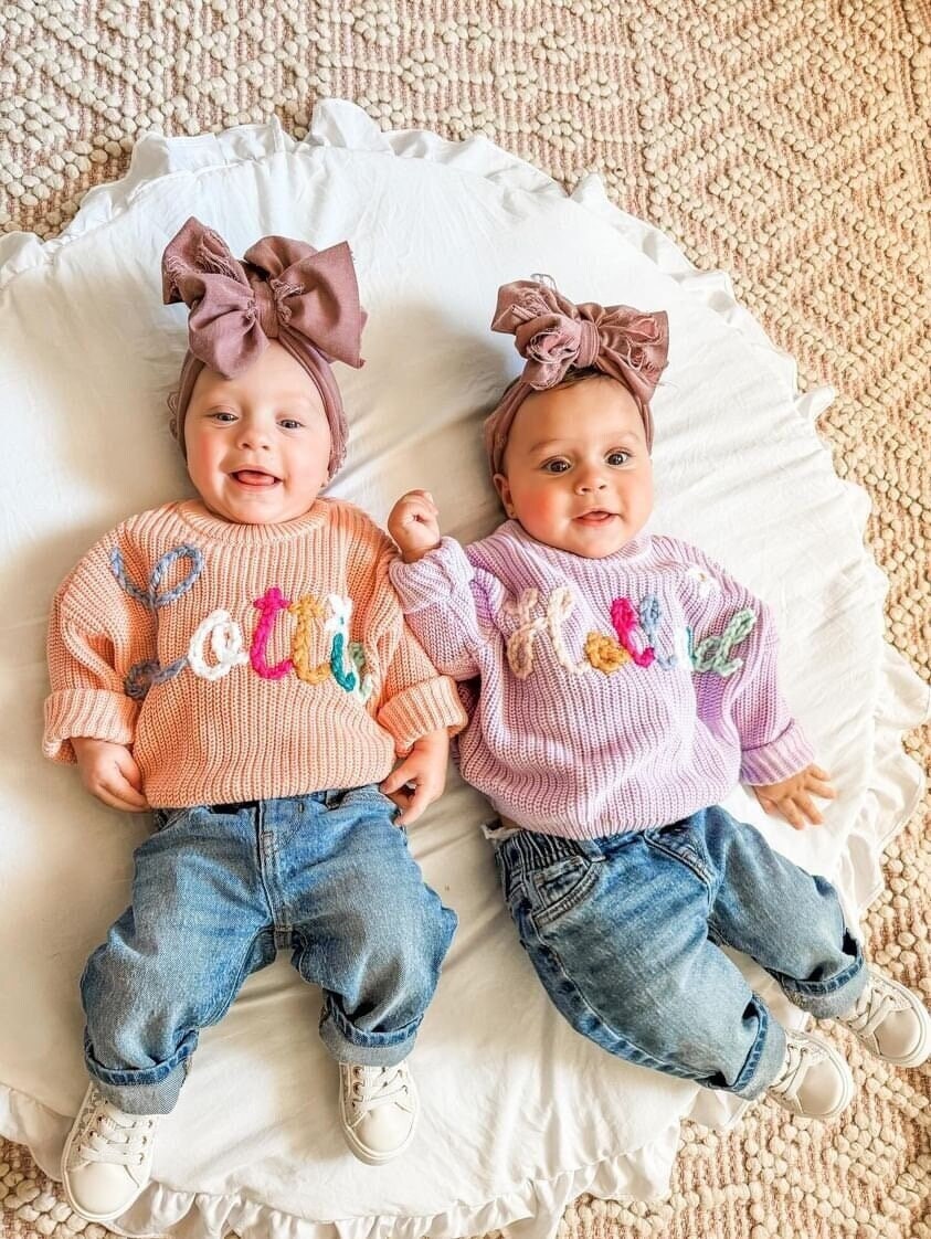 Baby Girl Gift Hand Embroidered Colorful Custom Baby Name Sweaters, Matching Sister Sweaters, Twin Personalized Sweaters Shirts, Flower Rainbow Color Custom Name Sweaters, baby easter basket stuffer, the mod mango baby boutique co