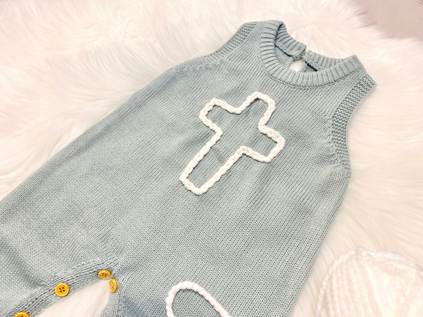 Christian Cross Easter Outfit Baby Boy Outfit, blue and white romper outfit baby boy, knitted knit baby romper, spring baby boy sweater romper, boys easter outfit, my first easter, hand embroidered cross baby romper outfit for easter