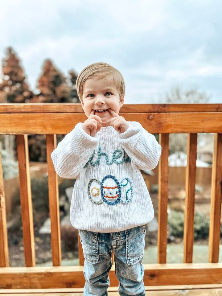 white colorful easter eggs shirt custom personalized Easter outfit baby toddler boy, easter egg sweater shirt, hand embroidered, blue white, some bunny is one, my first easter boy