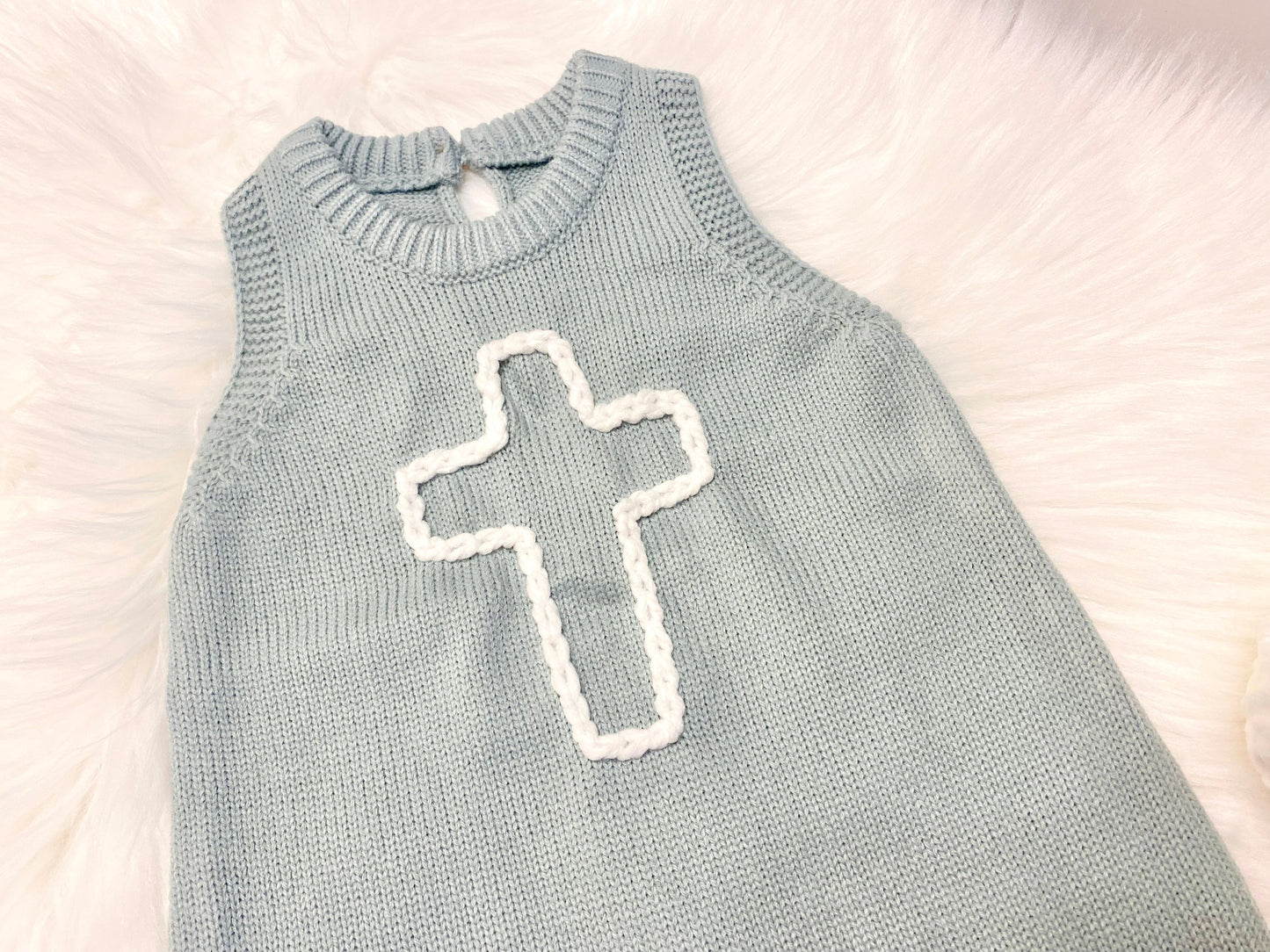Christian Cross Easter Outfit Baby Boy Outfit, blue and white romper outfit baby boy, knitted knit baby romper, spring baby boy sweater romper, boys easter outfit, my first easter, hand embroidered cross baby romper outfit for easter