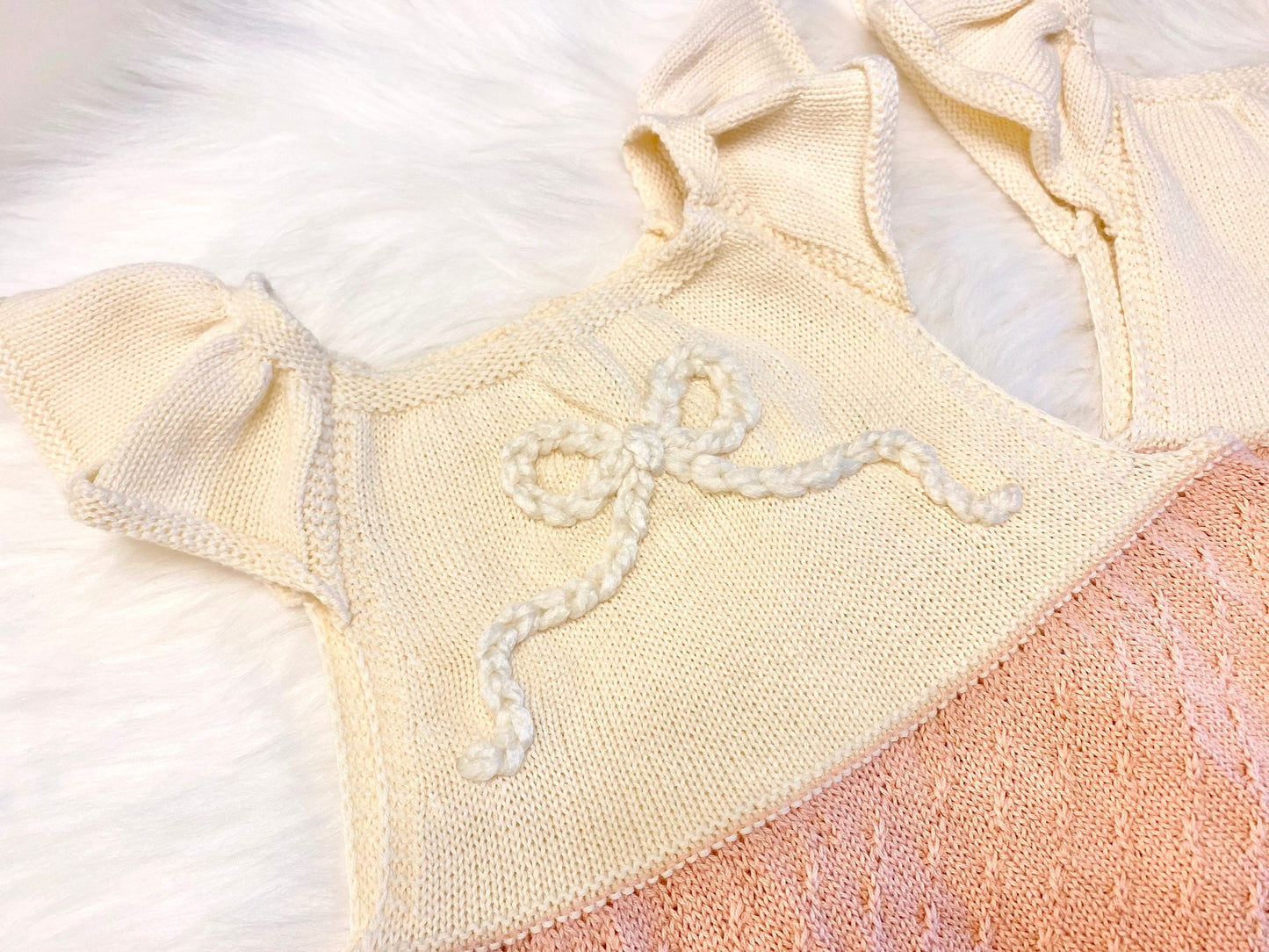 Spring dress bow hand embroidered easter dress, matching sister dresses, easter outfit, bow birthday dress outfit, cream and blush pink baby girls, knit dress spring toddler bow dress for easter, hand stitched knitted ruffle sleeve dress