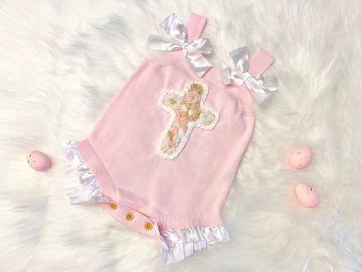 baby girls easter floral cross Outfit, christian cross easter outfit baby girl, easter romper outfit baby girl, pink and white easter spring outfit, knitted knit baby romper, spring hand embroidered baby romper, hand stitched cross, my first easter