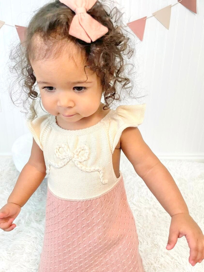 bow dress baby Spring dress bow hand embroidered easter dress, matching sister dresses, easter outfit, bow birthday dress outfit, cream and blush pink baby girls, knit dress spring toddler bow dress for easter, hand stitched