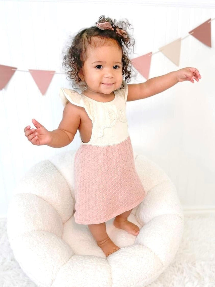 bow 1st birthday outfit Spring dress bow hand embroidered easter dress, matching sister dresses, easter outfit, bow birthday dress outfit, cream and blush pink baby girls, knit dress spring toddler bow dress for easter, hand stitched knitted ruffle, the mod mango baby boutique co