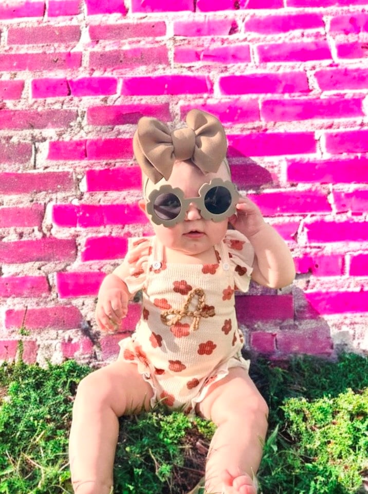 hand embroidered summer outfit baby shower gift set girl personalized baby girls flower ruffle romper outfit tan brown flowers romper with baby sunglasses, daisy flower romper ruffle butt outfit baby gift set newborn baby girls