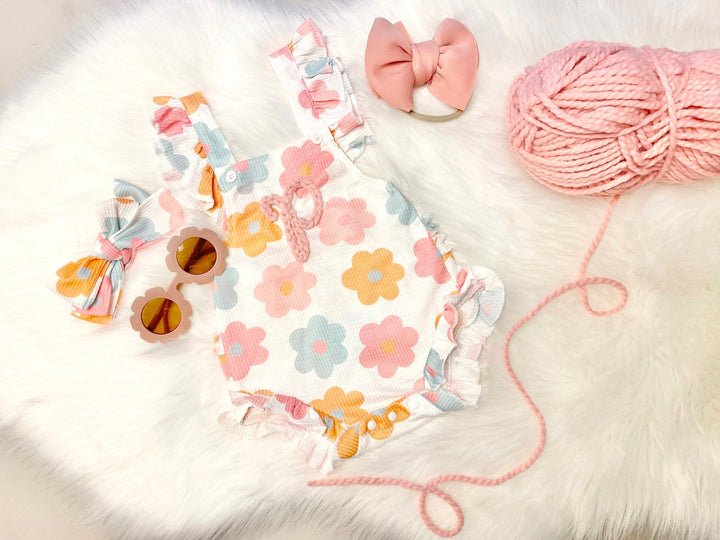 hand embroidered colorful summer outfit baby shower gift set girl personalized baby girls flower ruffle romper outfit pink orange blue flowers romper with baby sunglasses, groovy daisy flower romper ruffle butt outfit baby gift set newborn baby girls
