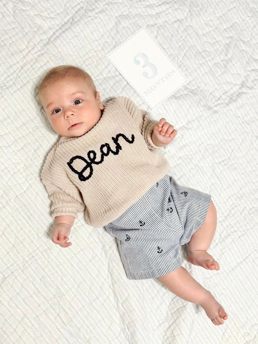 personalized newborn Baby shoer gift boy custom baby name sweater hand embroidered, beige cream neutral toddler baby sweater with name personalized, Custom Baby Name Sweater, Oversized Fall Sweater for Baby, toddler sweater, baby boys sweater