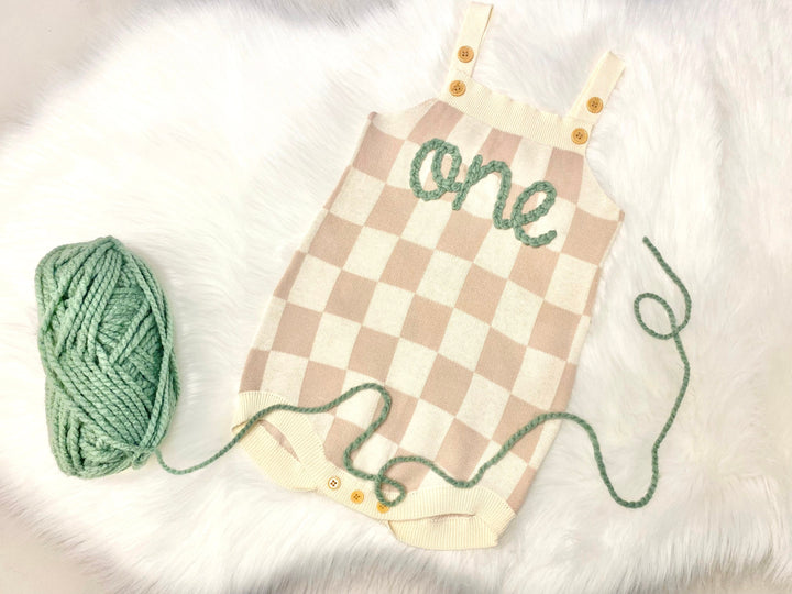 neutral birthday outfit boy, cream tan brown Beige sage green Checkered Knit Sweater Romper ONE 1st Birthday Outfit, First Birthday Outfit, tan cream neutral sweater romper bodysuit baby boy baby girl birthday outfit, the mod mango baby boutique co