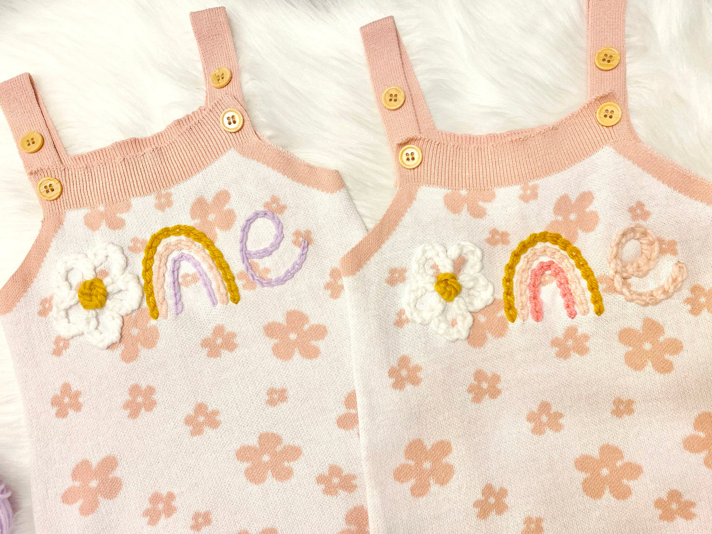 groovy ONE Flower First Birthday Outfit romper, Daisy 1st Birthday romper outfit baby girls, rainbow blush pink white yellow lavender daisy flowers, one groovy baby, knitted knit baby romper, hand embroidered, spring summer birthday theme