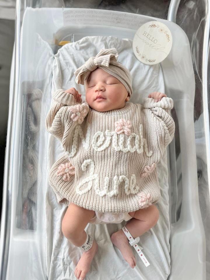 hand embroidered baby sweater with flowers for baby girl, personalized baby shower gift for girl, light pink blush beige cream baby gift, pregnancy announcement, custom newborn baby sweater with name, hand embroidered baby sweater, the mod mango baby boutique co