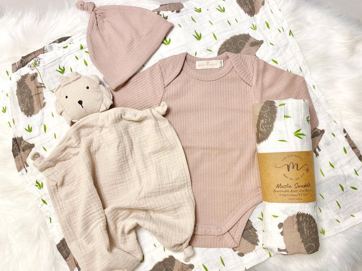 neutral baby boy gift, newborn boy gift set, gift baby boy, hedgehog swaddle blanket, tan taupe brown ivory ribbed knit long sleeve bodysuit with knot hat, muslin swaddle organic cotton gift set baby boy, lion lovey comforter blanket, gender neutral baby shower, hedgehog baby shower gift