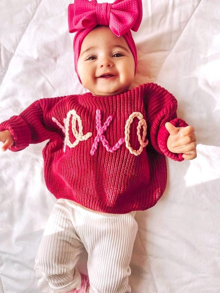 xoxo valentines day hand embroidered sweater baby toddler girls hot pink red Baby Girls Valentines Day Sweater Shirt Outfit, red hot pink sweater toddler girls valentine