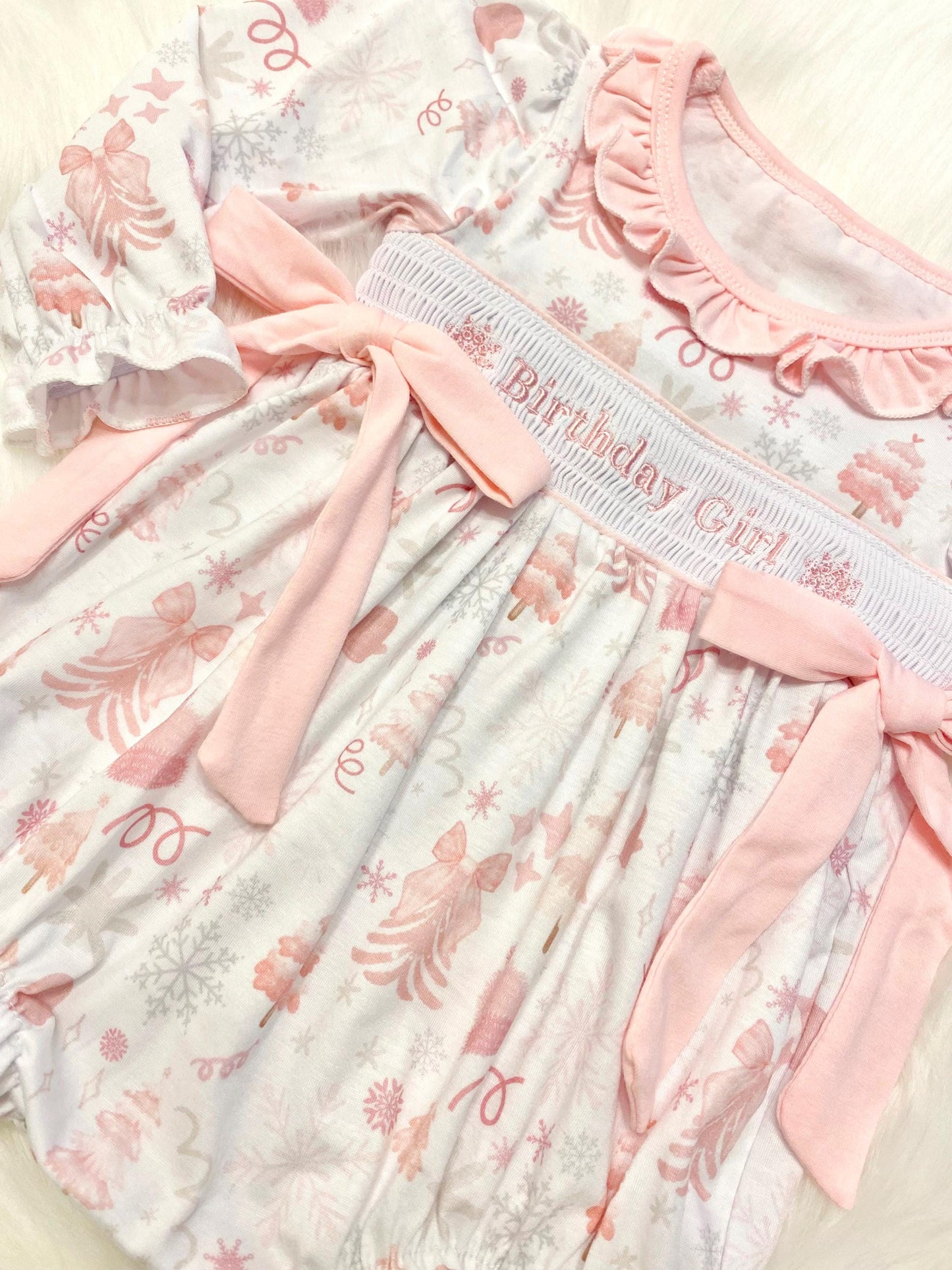 first birthday girl romper winter wonderland onederland pink silver snowflakes outfit, pink white smocked bubble romper first birthday winter snowflakes, ruffle bows snowflake embroidered smocked 1st birthday outfit romper baby girls