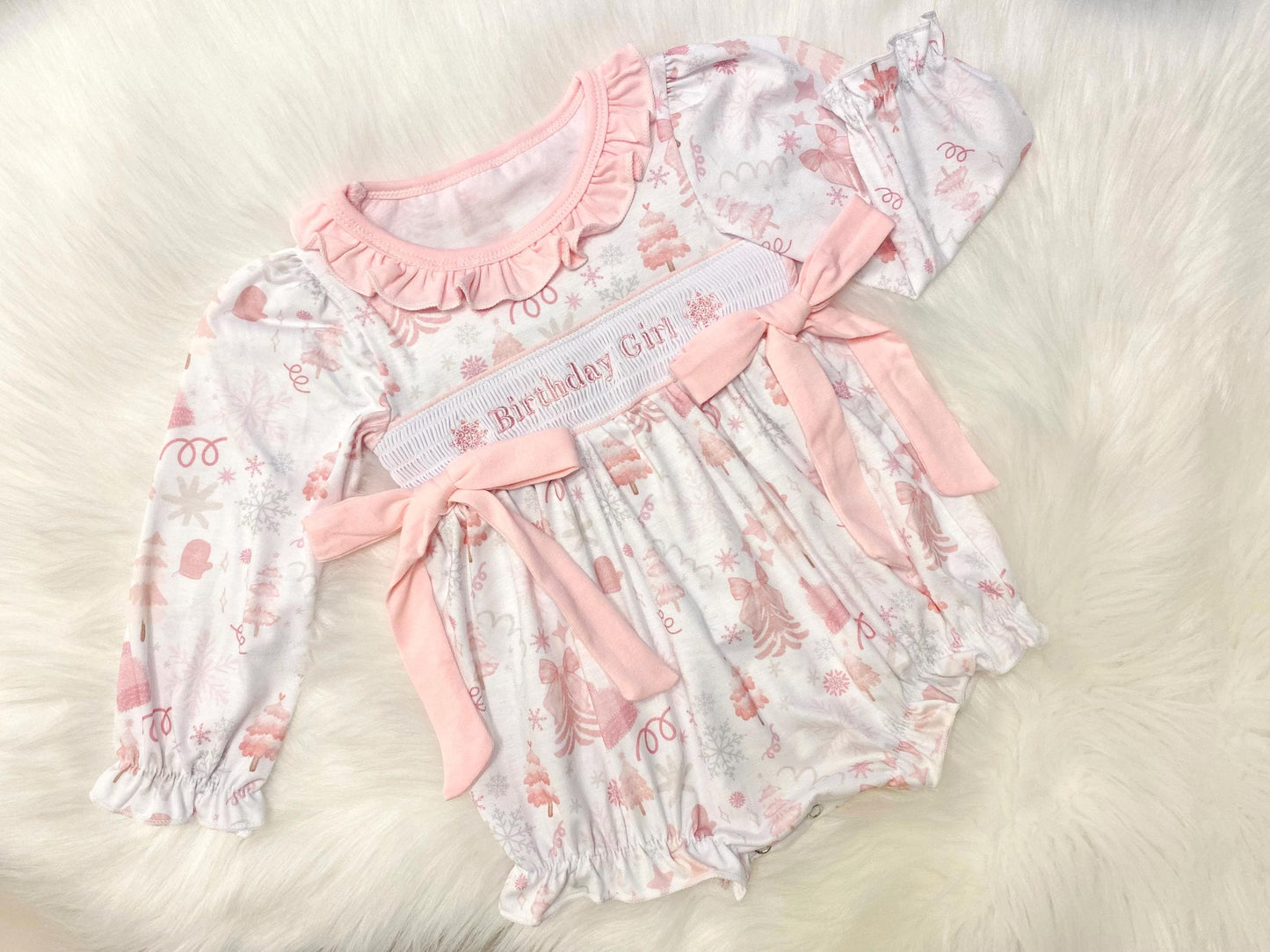 first birthday girl romper winter wonderland onederland pink silver snowflakes outfit, pink white smocked bubble romper first birthday winter snowflakes, ruffle bows snowflake embroidered smocked 1st birthday outfit romper baby girls