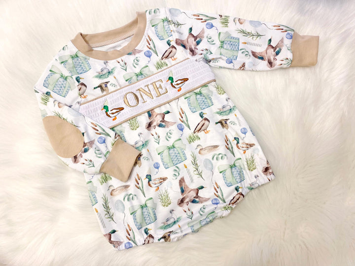 one lucky duck shirt first birthday boy romper fall green brown blue tan beige outfit, ONE smocked bubble romper first birthday mallard ducks, party ducks embroidered smocked 1st birthday outfit romper baby boys