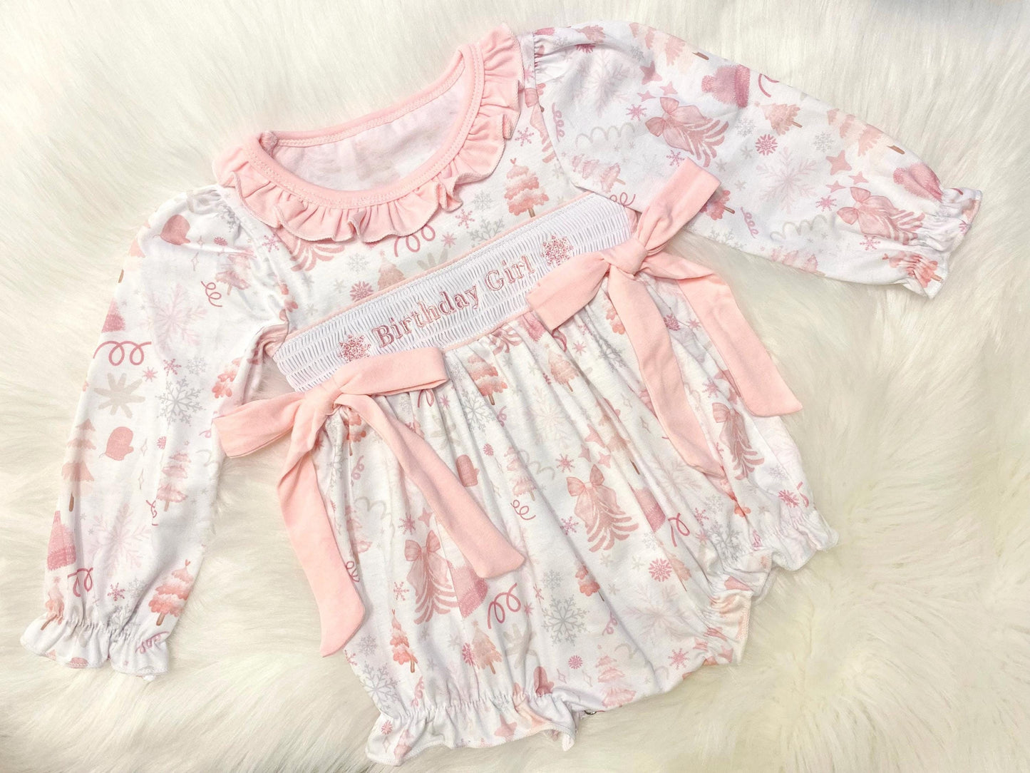 first birthday girl romper winter wonderland onederland pink silver snowflakes outfit, pink white smocked bubble romper first birthday winter snowflakes, ruffle bows snowflake embroidered smocked Christmas 1st birthday outfit romper baby girls