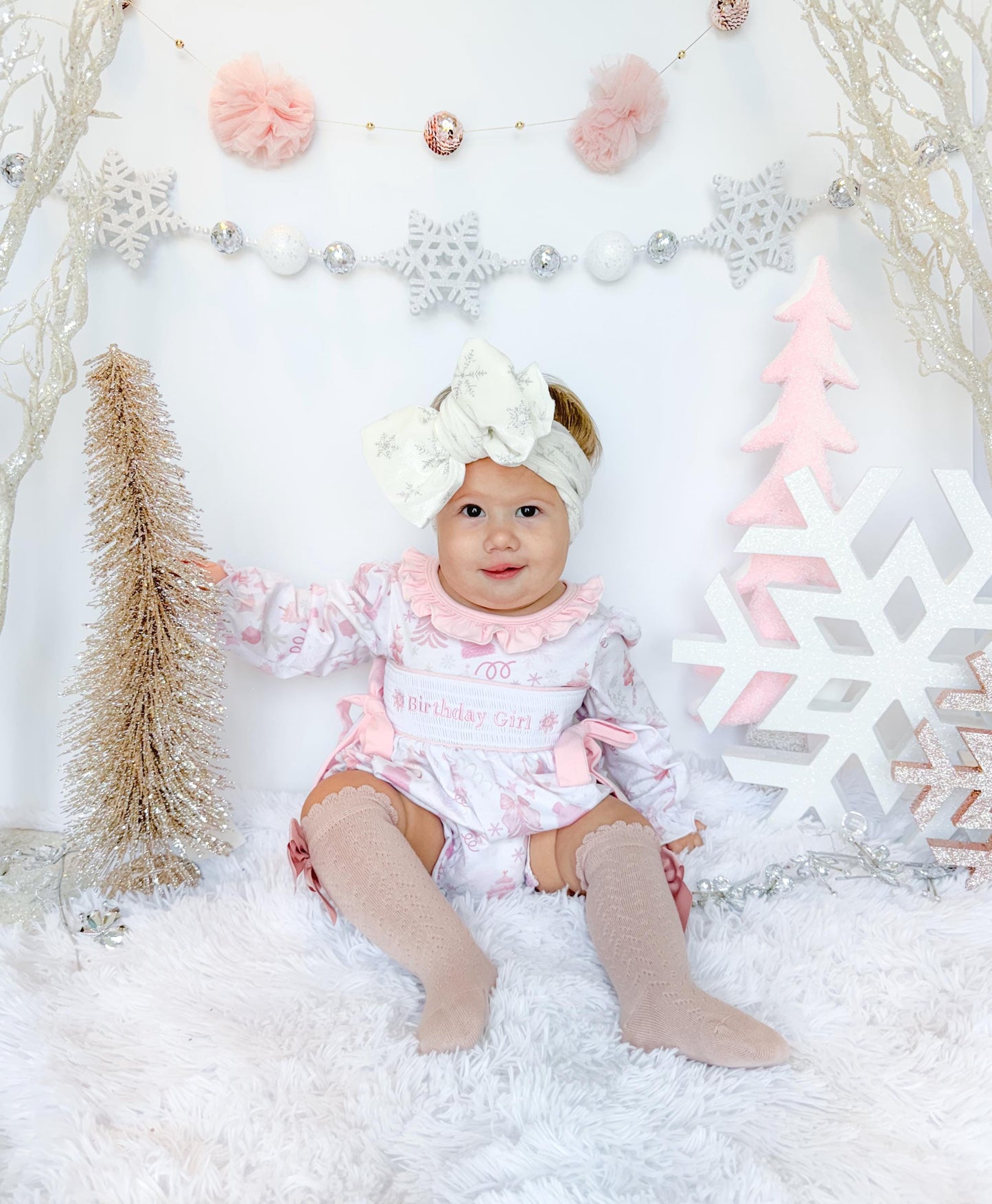 first birthday girl romper winter wonderland onederland pink silver snowflakes outfit, pink white smocked bubble romper first birthday winter snowflakes, ruffle bows snowflake embroidered smocked Christmas 1st birthday outfit romper baby girls