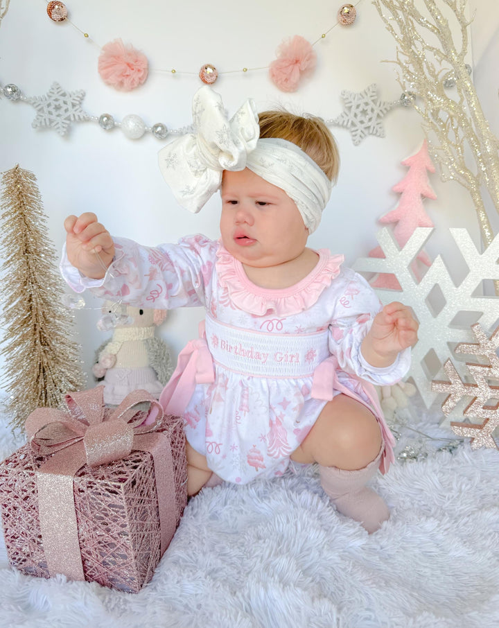 first birthday girl romper winter wonderland onederland pink silver snowflakes outfit, pink white smocked bubble romper first birthday winter snowflakes, ruffle bows snowflake embroidered smocked Christmas 1st birthday outfit romper baby girls