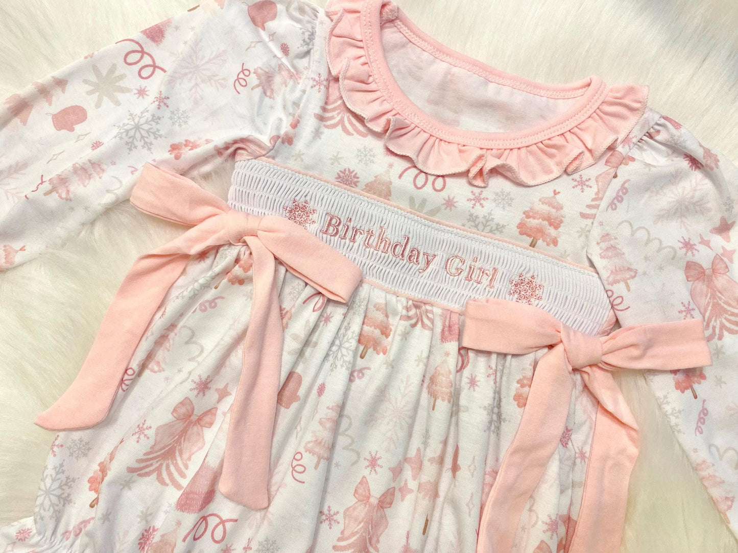 first birthday girl romper winter wonderland onederland pink silver snowflakes outfit, pink white smocked bubble romper first birthday winter snowflakes, ruffle bows snowflake embroidered smocked 1st birthday outfit romper baby oh what snow much fun