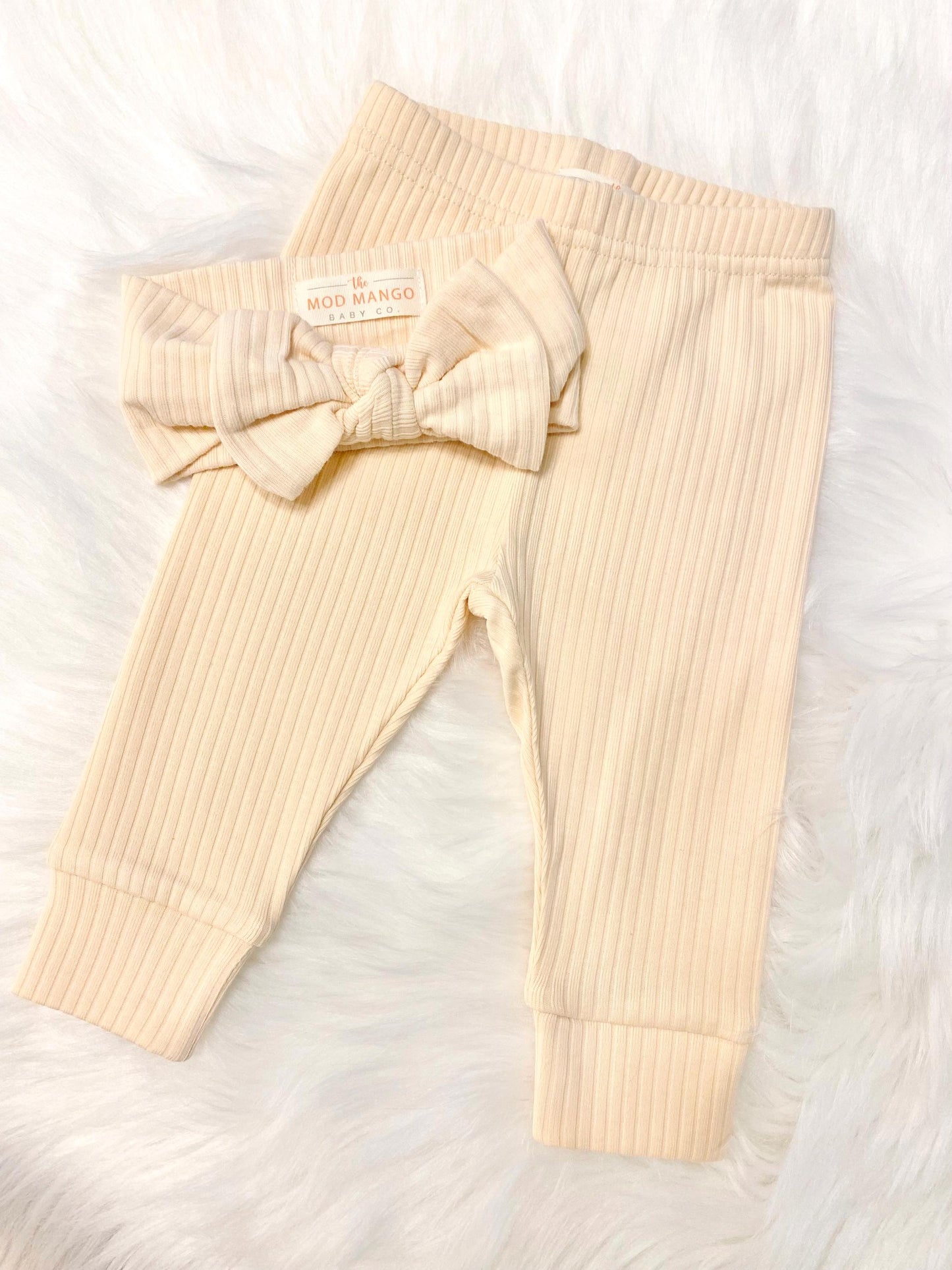 baby girl newborn leggings and bow headband headwrap set, organic cotton ribbed baby girl, cream pants and headwrap gift
