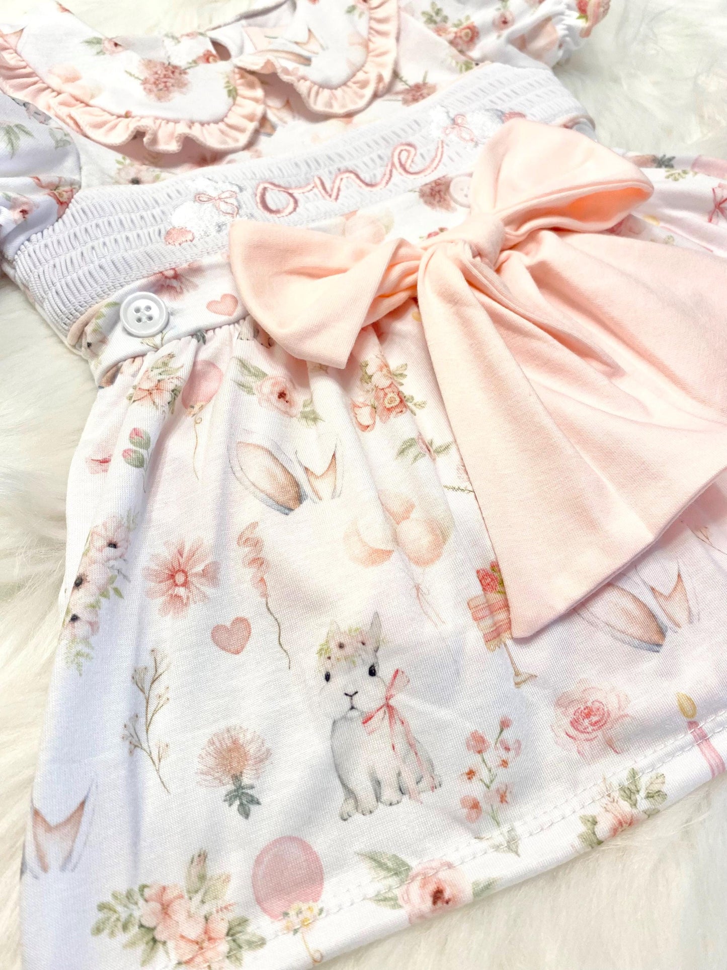 some bunny is one pink bow first birthday girl romper pink and white outfit, girls one pink white smocked romper dress first birthday spring bunny rabbit easter bow ruffle embroidered smocked short sleeve 1st birthday outfit romper baby girls