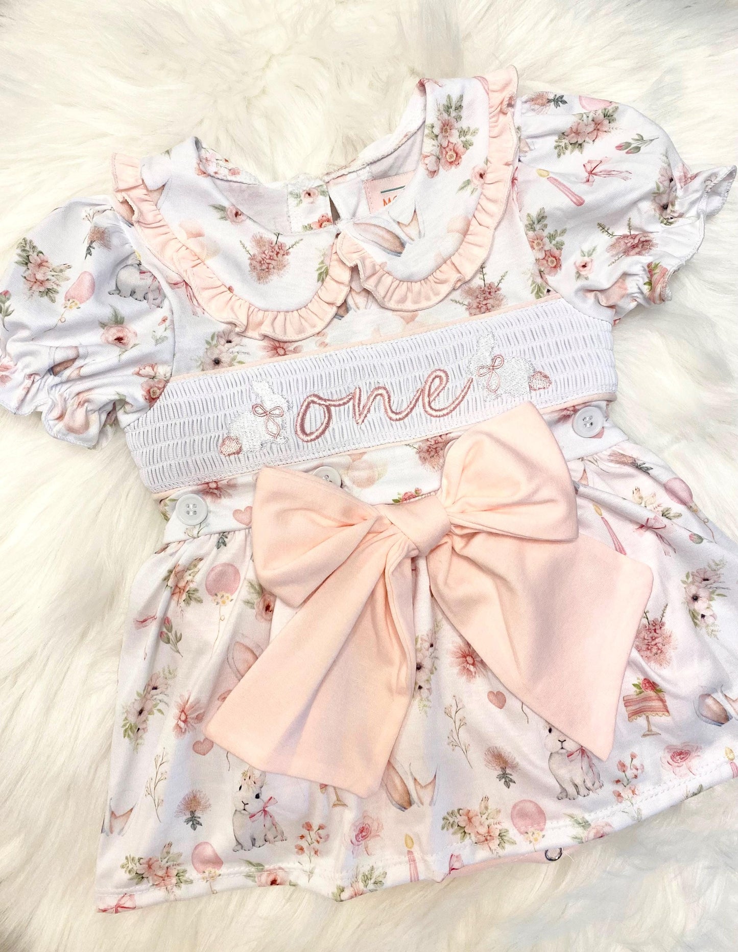 some bunny is one pink bow first birthday girl romper pink and white outfit, girls one pink white smocked romper dress first birthday spring bunny rabbit easter bow ruffle embroidered smocked short sleeve 1st birthday outfit romper baby girls