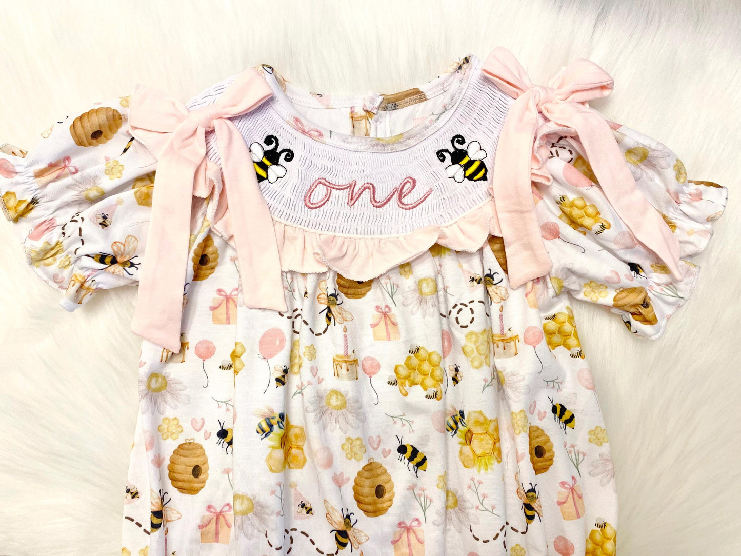 first bee day pink bow first birthday girl romper yellow pink and white outfit, girls one pink white smocked bubble romper first birthday spring summer bees bows ruffle embroidered smocked short sleeve 1st birthday outfit romper baby girls bee hive