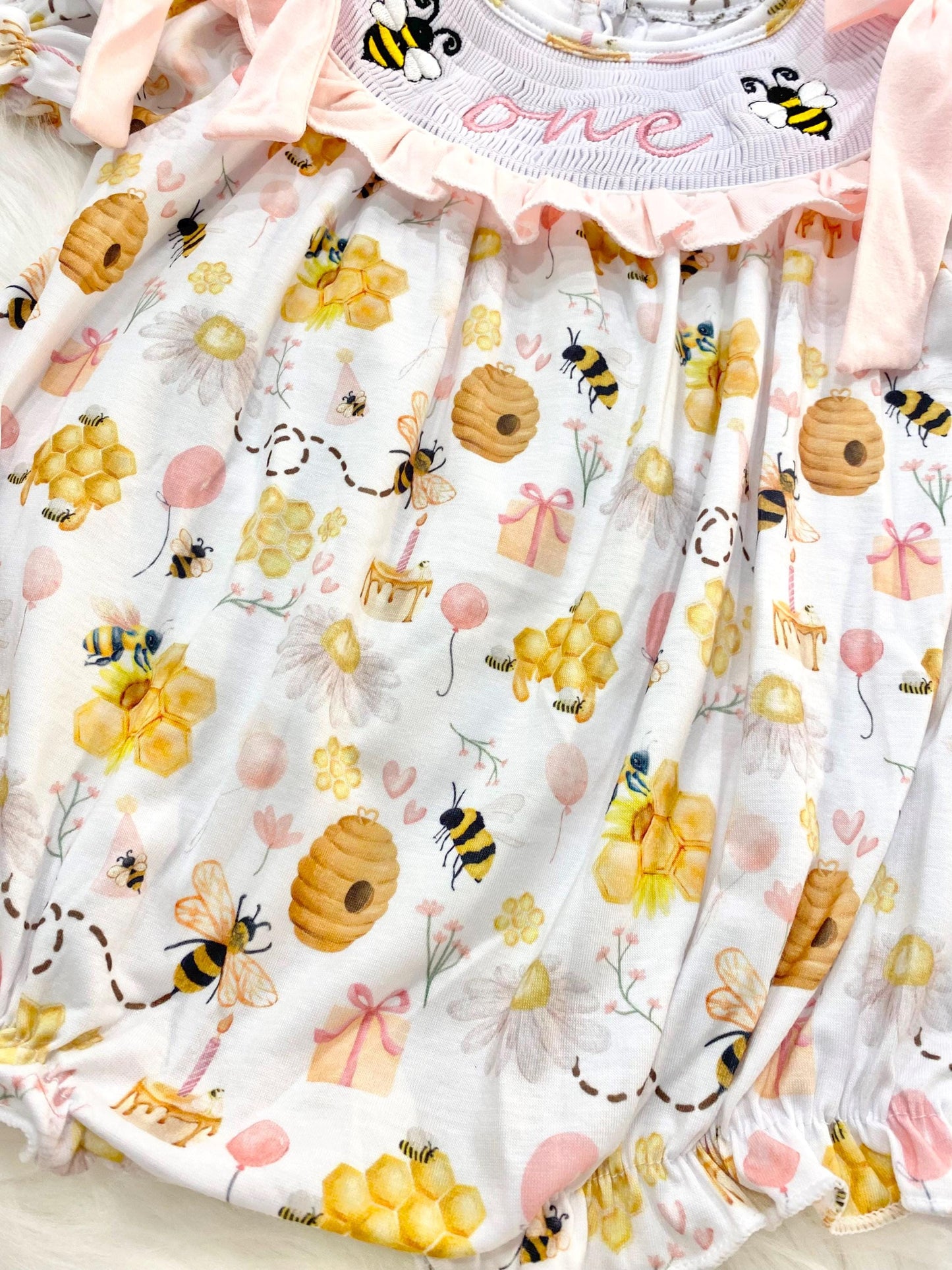 First Bee Day ONE First Birthday Girl Outfit Smocked Bubble Romper