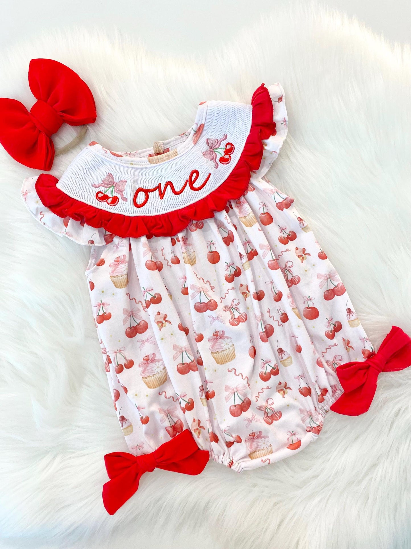 red cherries and pink bows first birthday girl romper pink red and white outfit, girls cherry sweet red white smocked bubble romper first birthday spring summer bows ruffle embroidered smocked short flutter sleeve 1st birthday outfit romper baby girl