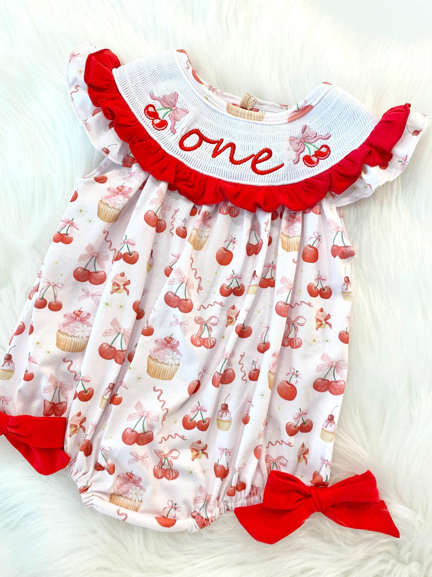red cherries and pink bows first birthday girl romper pink red and white outfit, girls cherry sweet red white smocked bubble romper first birthday spring summer bows ruffle embroidered smocked short flutter sleeve 1st birthday outfit romper baby girl