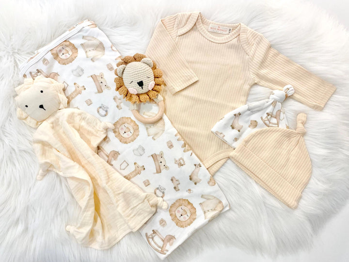 newborn neutral coming home outfit layette set baby boys lion swaddle blanket and knot hat set newborn blanket and newborn hat spring baby gift boy, baby lion tan white cream ivory beige shower gift set Newborn Boy Neutral Gift Set newborn boy gift, lion baby shower, the mod mango baby boutique co