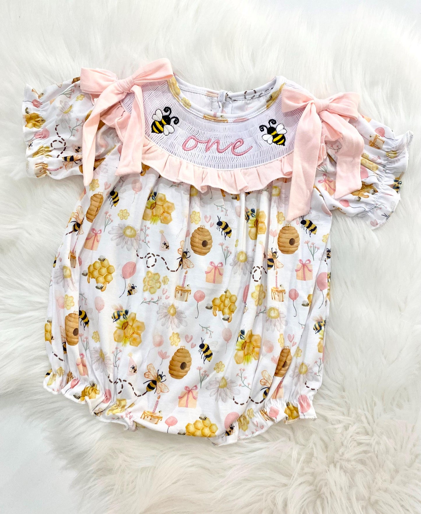 First Bee Day ONE First Birthday Girl Outfit Smocked Bubble Romper