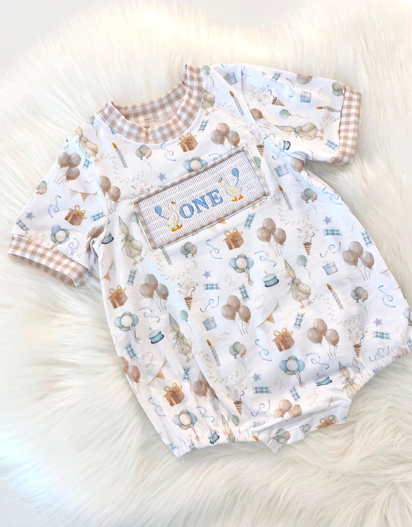 one silly goose shirt first birthday boy romper blue brown blue tan beige gingham checkered outfit, ONE smocked bubble romper first birthday geese goose, party goose embroidered smocked 1st birthday outfit romper baby boys neutral