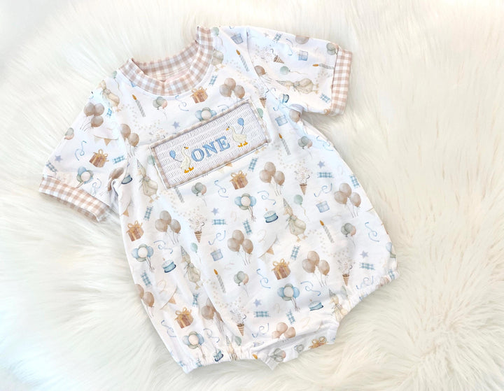 one silly goose shirt first birthday boy romper blue brown blue tan beige gingham checkered outfit, ONE smocked bubble romper first birthday geese goose, party goose embroidered smocked 1st birthday outfit romper baby boys neutral