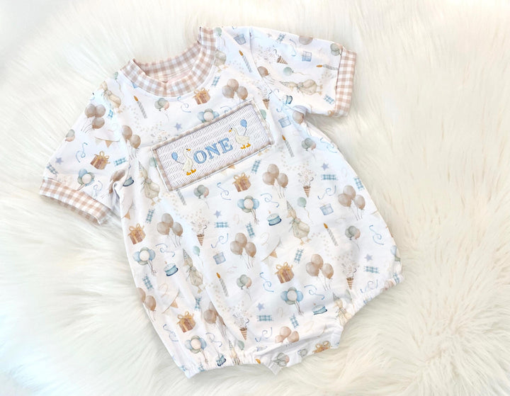 one silly goose shirt first birthday boy romper blue brown blue tan beige gingham checkered outfit, ONE smocked bubble romper first birthday geese goose, party goose embroidered smocked 1st birthday outfit romper baby boys neutral, the mod mango baby boutique co
